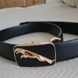 Okoko Black Pebbled Leather Belt with Gold Panther Ratchet Buckle